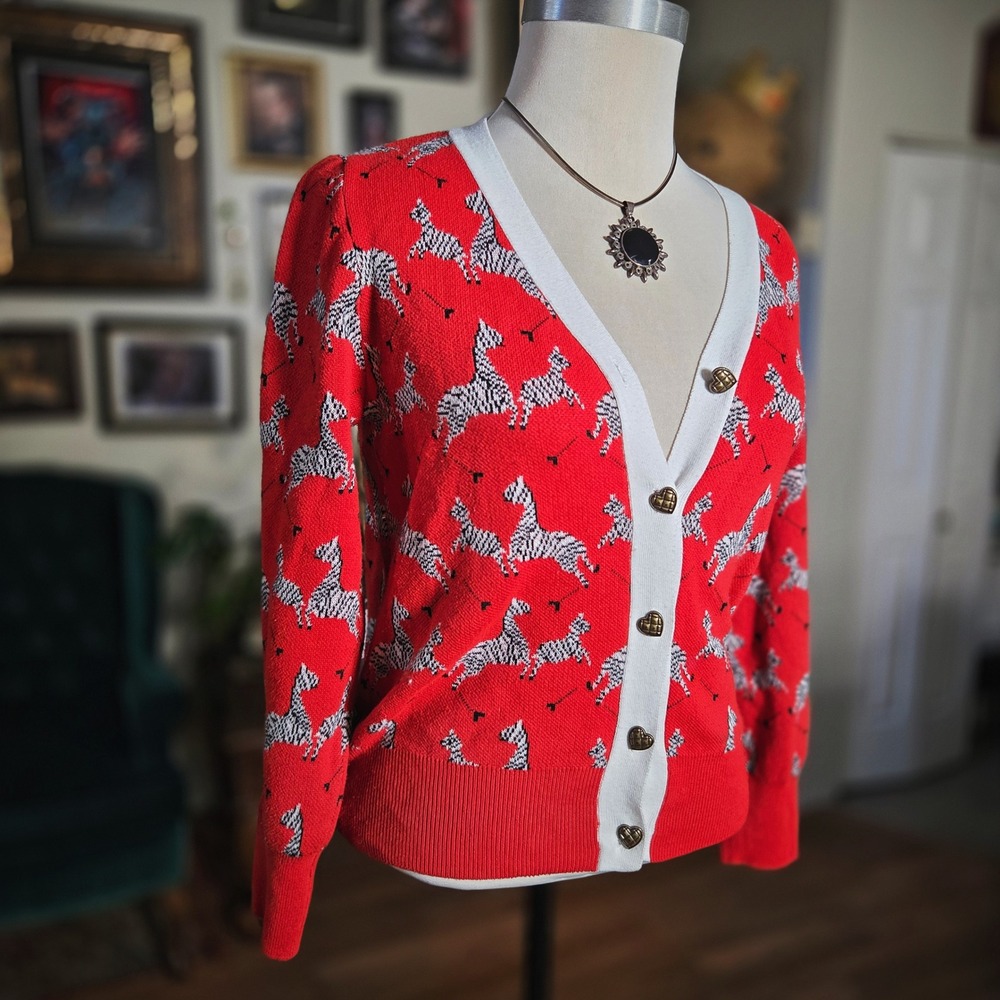 Red Zebra Print Cardigan with Heart Buttons V-Neck Knit Top Sweater Jacket